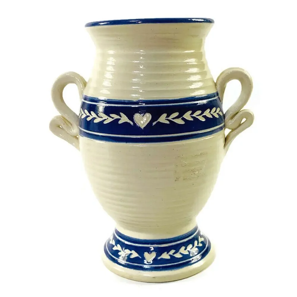 Graystone Pottery Handmade Artisan Vase Love Hearts Handles Beige and Blue 8.5